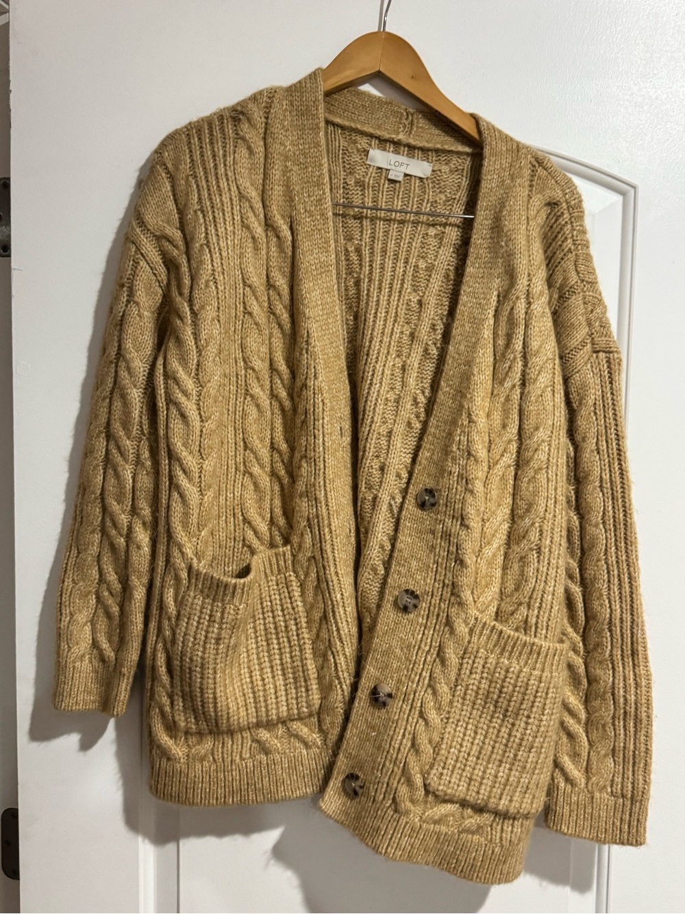 LOFT Fisherman Preppy Cable Knit Old Money Cardigan Sweater Camel Womens Small
